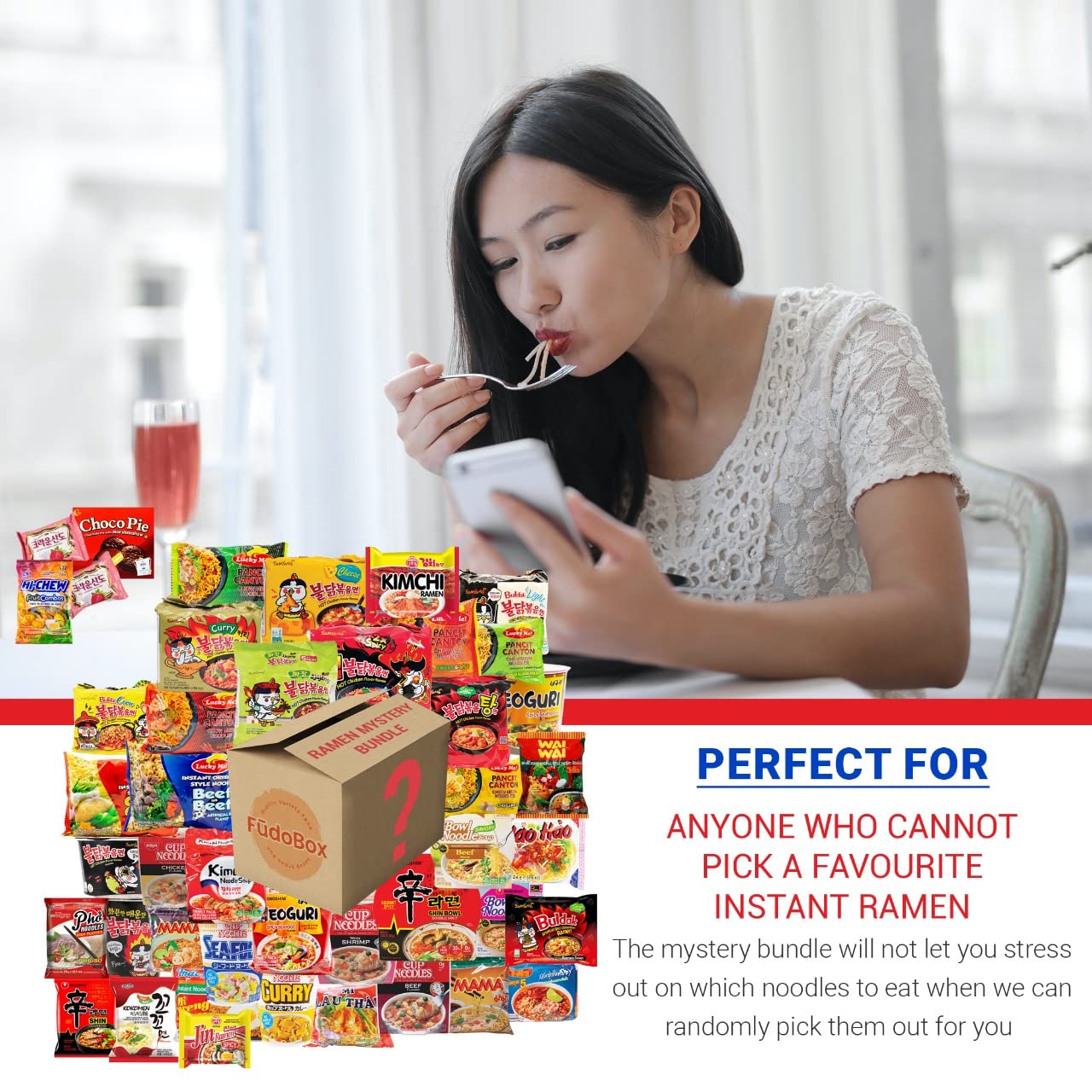FUDOBOX Asian Instant Ramen Noodles Variety Pack | Mild to Bold Flavors with Chopsticks | Quick Meals and Student Care Package | 15 Pack Assorted