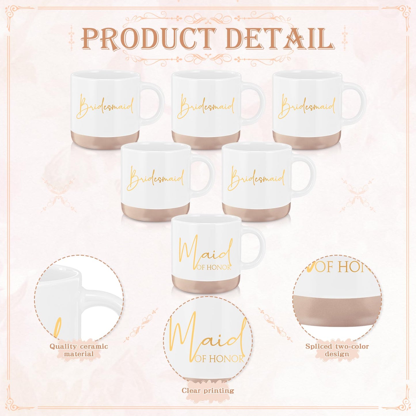 Didaey 42 Pcs 6 Sets Wedding Favors Bridesmaid Proposal Gifts Maid of Honor Ceramic Coffee Cups Cosmetic Makeup Bags Invited Cards Scrunchies Knotted Bracelets Jewelry Bags Hair Claw Clips(Champagne)