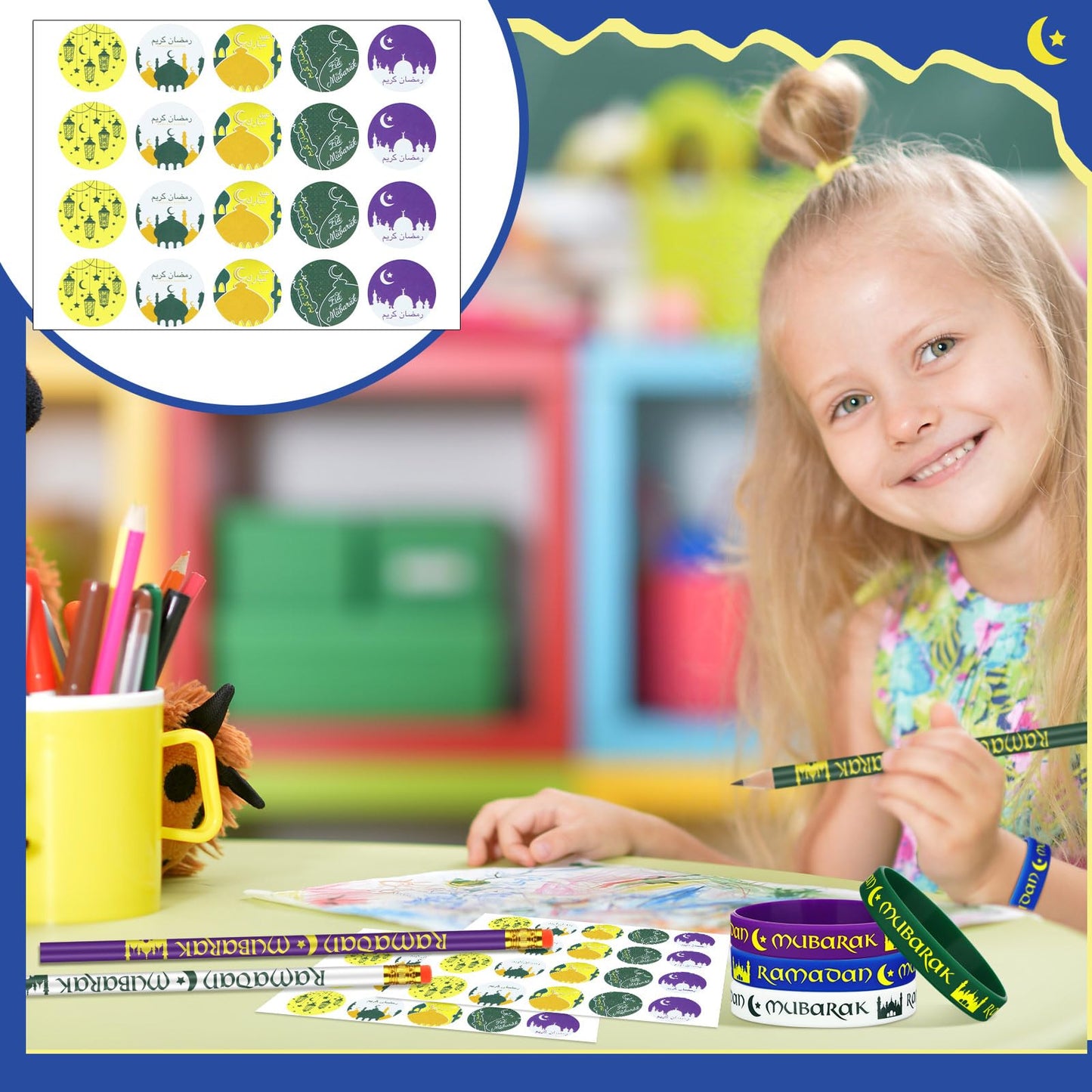 TecUnite 130 Pcs Ramadan Gifts 2026 Eid Mubarak Gifts Bulk for Kids Includes Eid Pencils Silicone Wristbands Islamic Stickers Ramadan Party Supplies for Kareem Basket Bag Stuffers Decoration