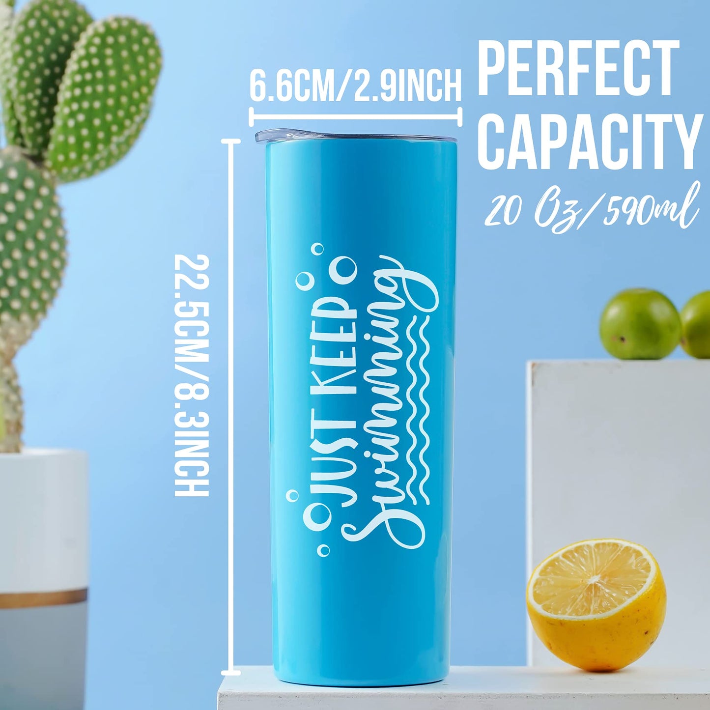 Onebttl Swimming Gifts, Swimmer Stainless Steel 20oz Skinny Tumbler for Women, Men, Teen Girls, Teammate, Coach, Blue - Just Keep Swimming