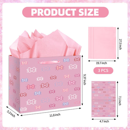 HSKMAKE Kawaii Cartoon Birthday Gift Bag for Girls, Cute Cat Theme Gift Bag with Greeting Card and Tissue Paper for Baby Shower, Birthday Party Decorations Supplies