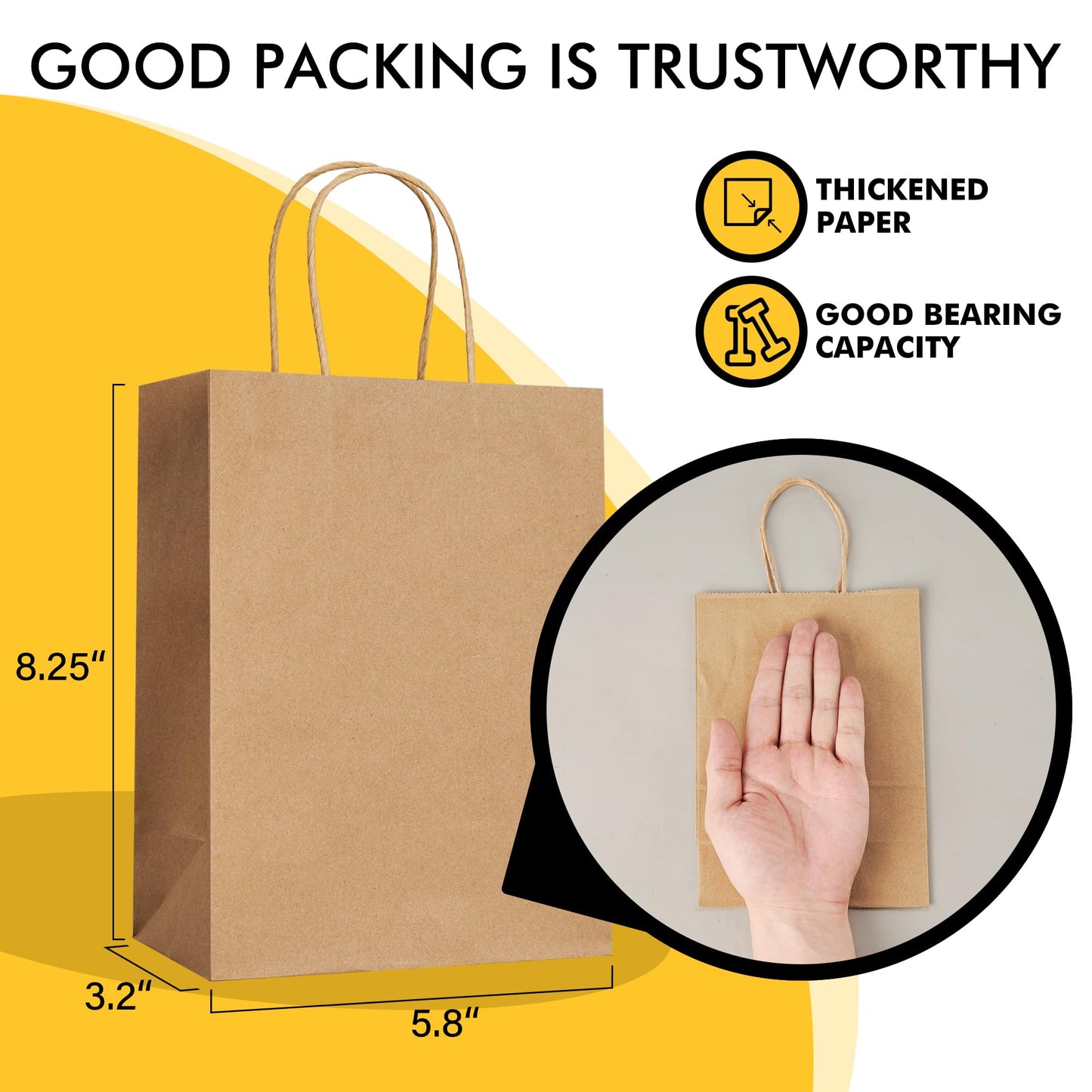 100 Pack 5.8x3.2x8.25 Inch Brown Kraft Paper Gift Bags with Handles - Bulk Small Plain Natural Bags for Birthday Party Favors, Grocery, Retail Shopping, Wedding, Craft, Goody, Takeouts, and Business