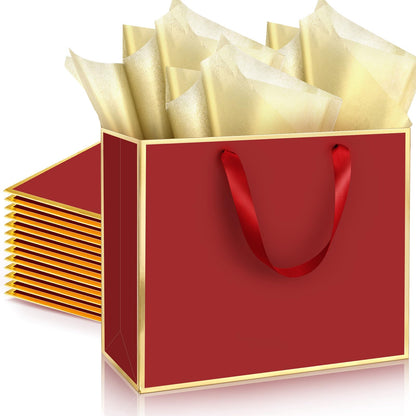 ReliThick 12 Pack Metallic Paper Gift Bag with Handles and Tissue Paper 11.8 x 10 x 4'' Thank You Favor Bag for Graduation Mother's Day Wedding Bridesmaid Groomsman 5 Senses Gifts (Burgundy Red,Gold)
