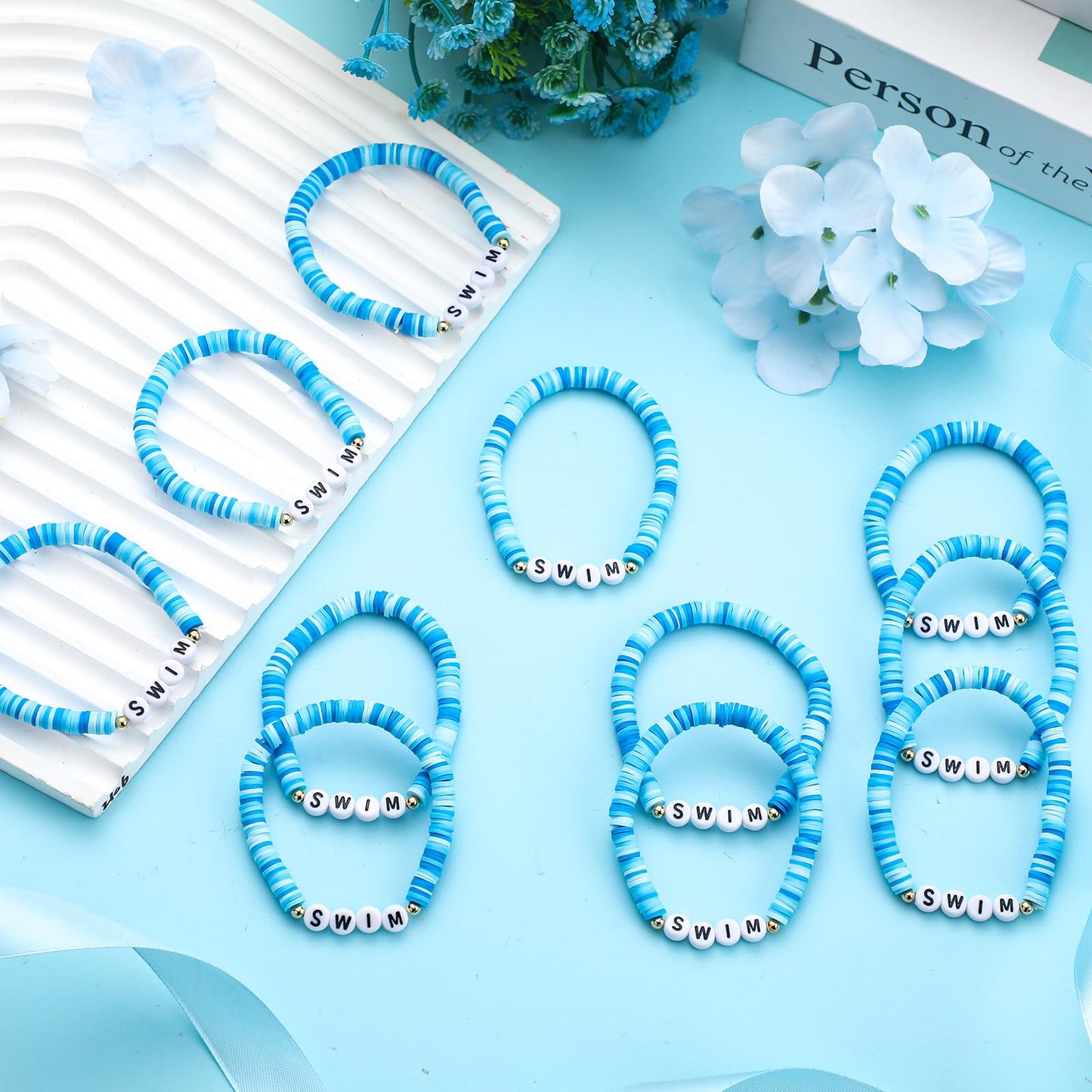 Tondiamo 24 Pcs Swim Bracelet Gifts Bulk, Swimmer clay beaded bracelet Charm Gifts for Teen Swim Accessories for Team Coach Teen Swimmer Team Kids Party Favors