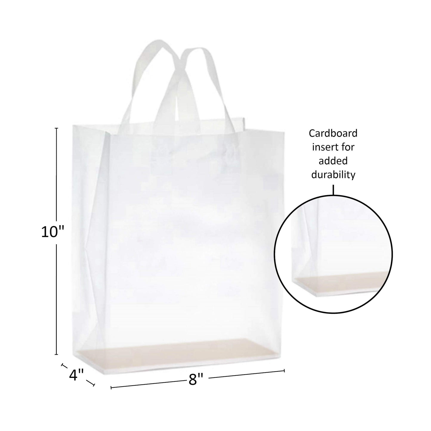 Purple Q Crafts Frosted Plastic Gift Bags 100 Pack 8" x 10" x 4" Clear Frosted Bags with Soft Loop Handles and Cardboard Insert, for Gifts Retail and More