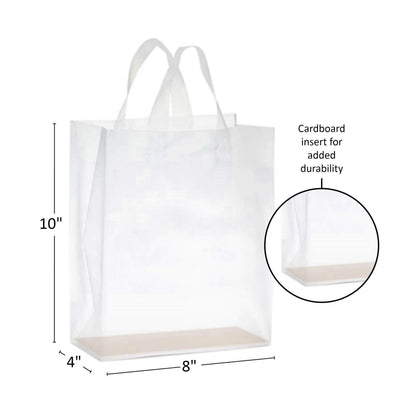 Purple Q Crafts Frosted Plastic Gift Bags 100 Pack 8" x 10" x 4" Clear Frosted Bags with Soft Loop Handles and Cardboard Insert, for Gifts Retail and More