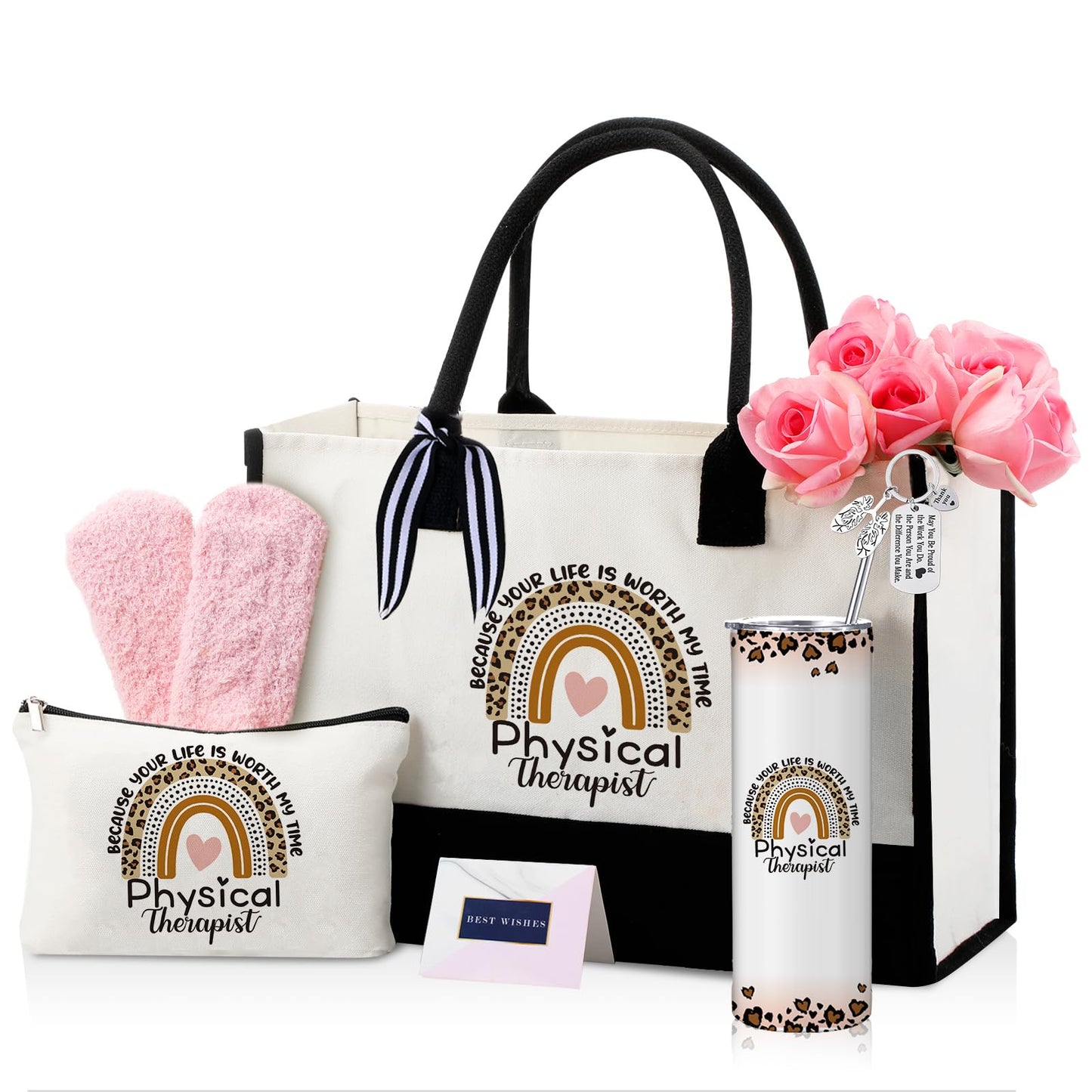Geiserailie 8 Pcs Physical Therapist Appreciation Gifts for Women Including Large Tote Bag Cosmetic Bags Tumbler Cup Plush Socks Metal Keychain Card and Envelope for PT Doctor Student Gifts