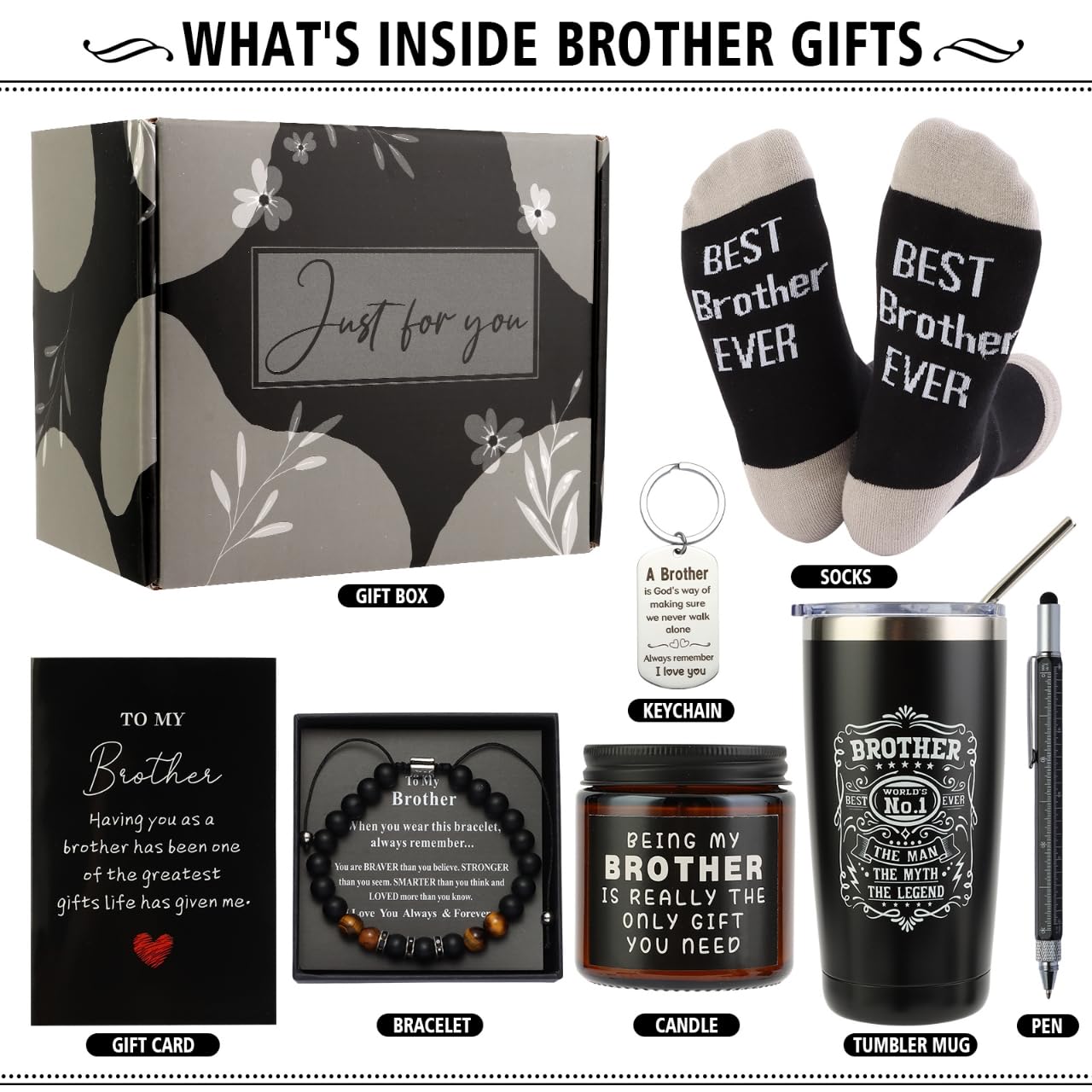Brother Gifts for Men Christmas Gift Unique Gifts for Brother Including Tumbler Keychain Socks Pen Bracelet Gift Card for Birthday Christmas