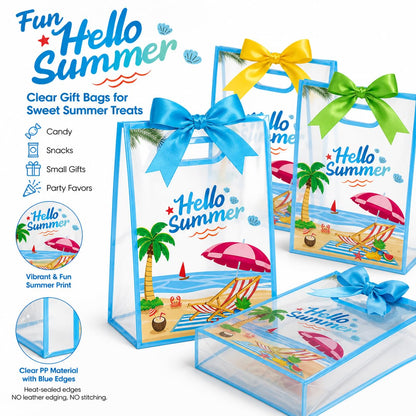 28Pcs Hello Summer Clear Gift Bags, Clear Beach Bag with Handles Ribbon Bows, Pool Party Favor Bag Hawaiian Goodie Candy Snack Treat Bag for End of School Year Summer Birthday Pool Beach Party Supply