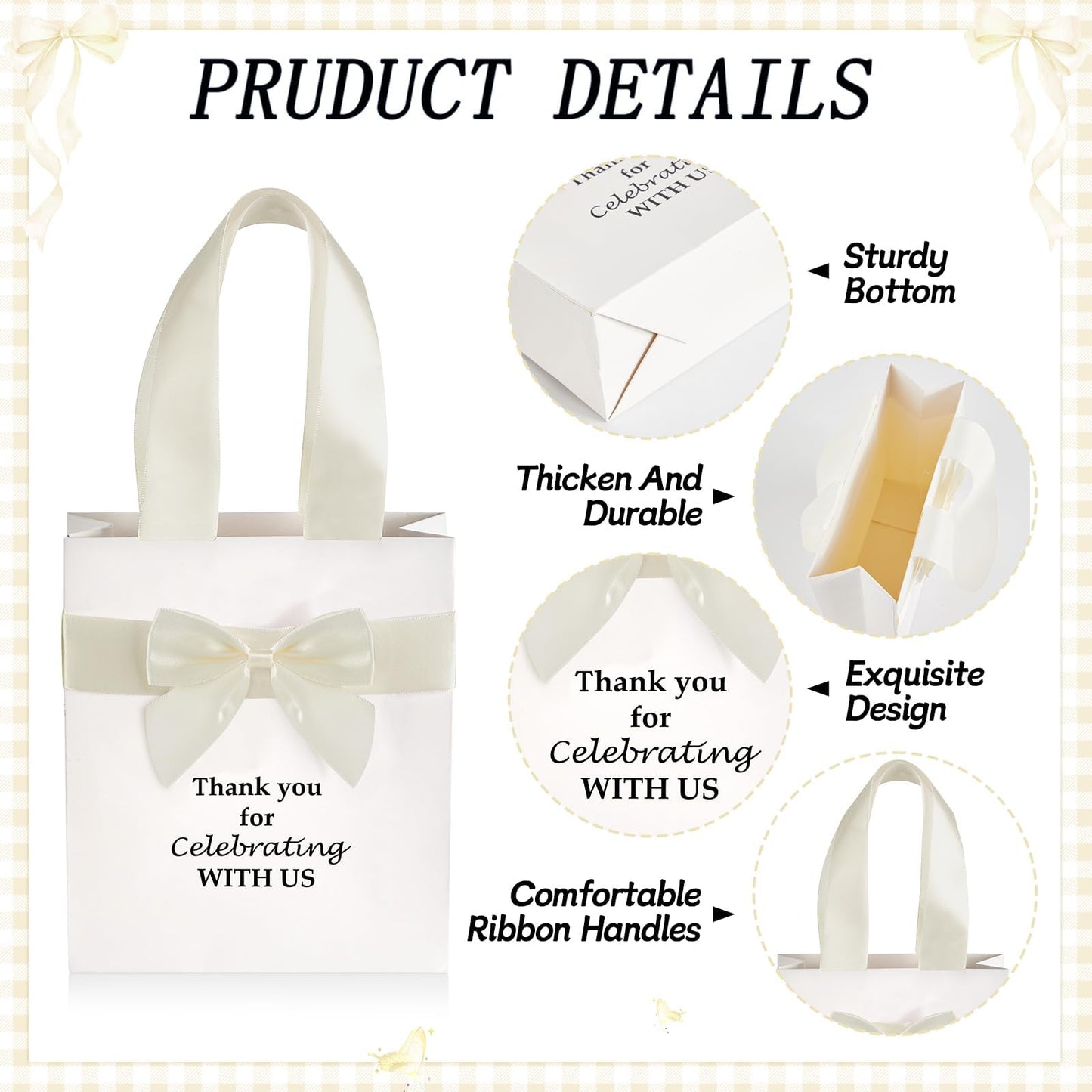 50 Pcs Wedding Gift Bags for Guests Bulk with Bow Ribbon Handles 6.2x7.2x2.5 Inch Wedding Favor Bag Thank You Gift Bags for Party Favor Bridesmaid Bags Bridal Shower Valentine Birthday Supplies(Beige)