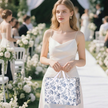 woric 14.5" Large Bridal Shower Gift Bag, Blue Floral Wedding Gift Bag with Greeting Card and Tissue Paper for Women Wedding Engagement Gifts