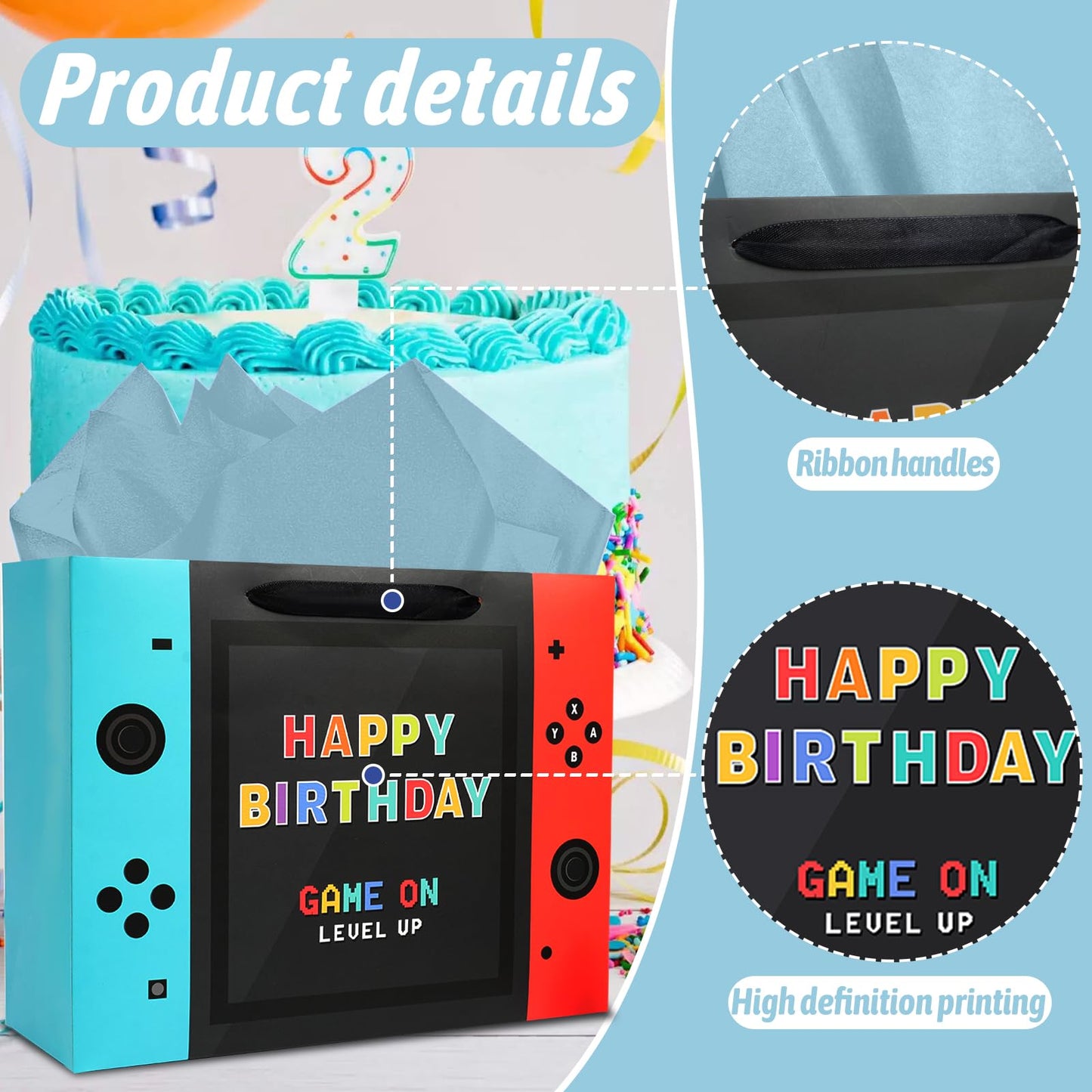 JOARHONAL Video Game Birthday Gift Bag - 13" Large Happy Birthday Gift Bag with Tissue Paper and Card for Boys Kids Video Game Birthday Party Supplies