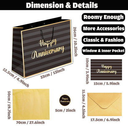 Sumerk 13" Large Anniversary Paper Bag with Tissue Papers and Greeting Card, Envelope and Stickers - Special Anniversary Wrapping Bag with Clear Window and Card Holder
