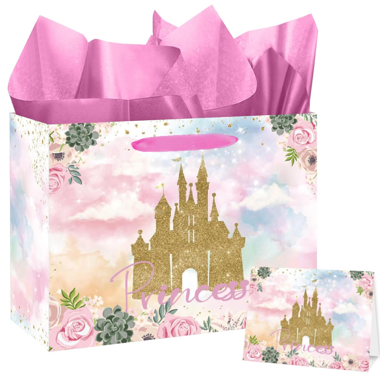Large Princess Gift Bag Princess Castle Party Favor Bag with Tissue Paper and Cards Princess Candy Goodie Bags Prince Princess Treat Gift Wrapping Paper Bags for Girl Birthday Party Decorations