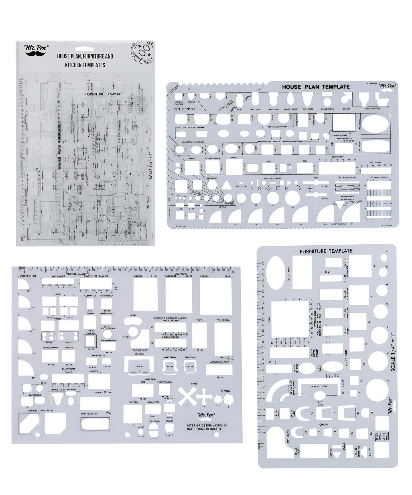 Mr. Pen- House Plan, 3 pcs, Interior Design and Furniture Templates, Clear Flexible Plastic, Drafting Tools, Ruler Shapes for Architecture, 1/4 Inch Scale, Kitchen, Bath, Bedroom, Office, Living Room