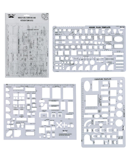 Mr. Pen- House Plan, 3 pcs, Interior Design and Furniture Templates, Clear Flexible Plastic, Drafting Tools, Ruler Shapes for Architecture, 1/4 Inch Scale, Kitchen, Bath, Bedroom, Office, Living Room