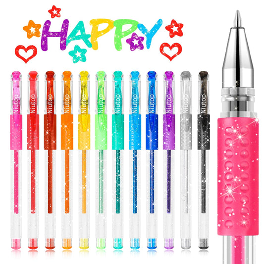 Niutop Coloured Pen Stocking Stuffers for Adult, 12-Color Scented Glitter Gel Pens,Coloring Markers Colored Pen Set, Drawing pens Joumaling Supplies Fun Stationary, Gel Roller Pens, Halloween Gifts