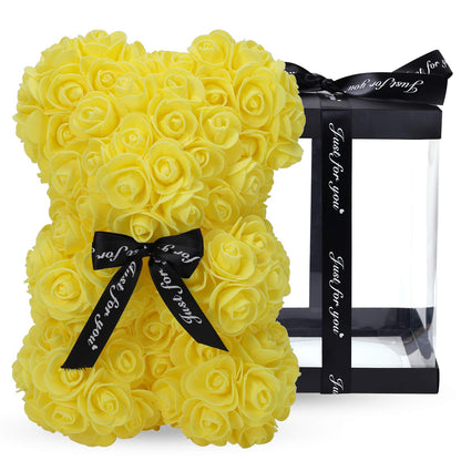 LINKLO Rose Bear Rose Teddy Bear -10 inch Artificial Rose Flower Bear, Gift for Wedding, Mothers Day and Anniversary, Including Transparent Gift Box (Yellow)