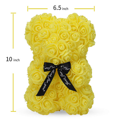 LINKLO Rose Bear Rose Teddy Bear -10 inch Artificial Rose Flower Bear, Gift for Wedding, Mothers Day and Anniversary, Including Transparent Gift Box (Yellow)
