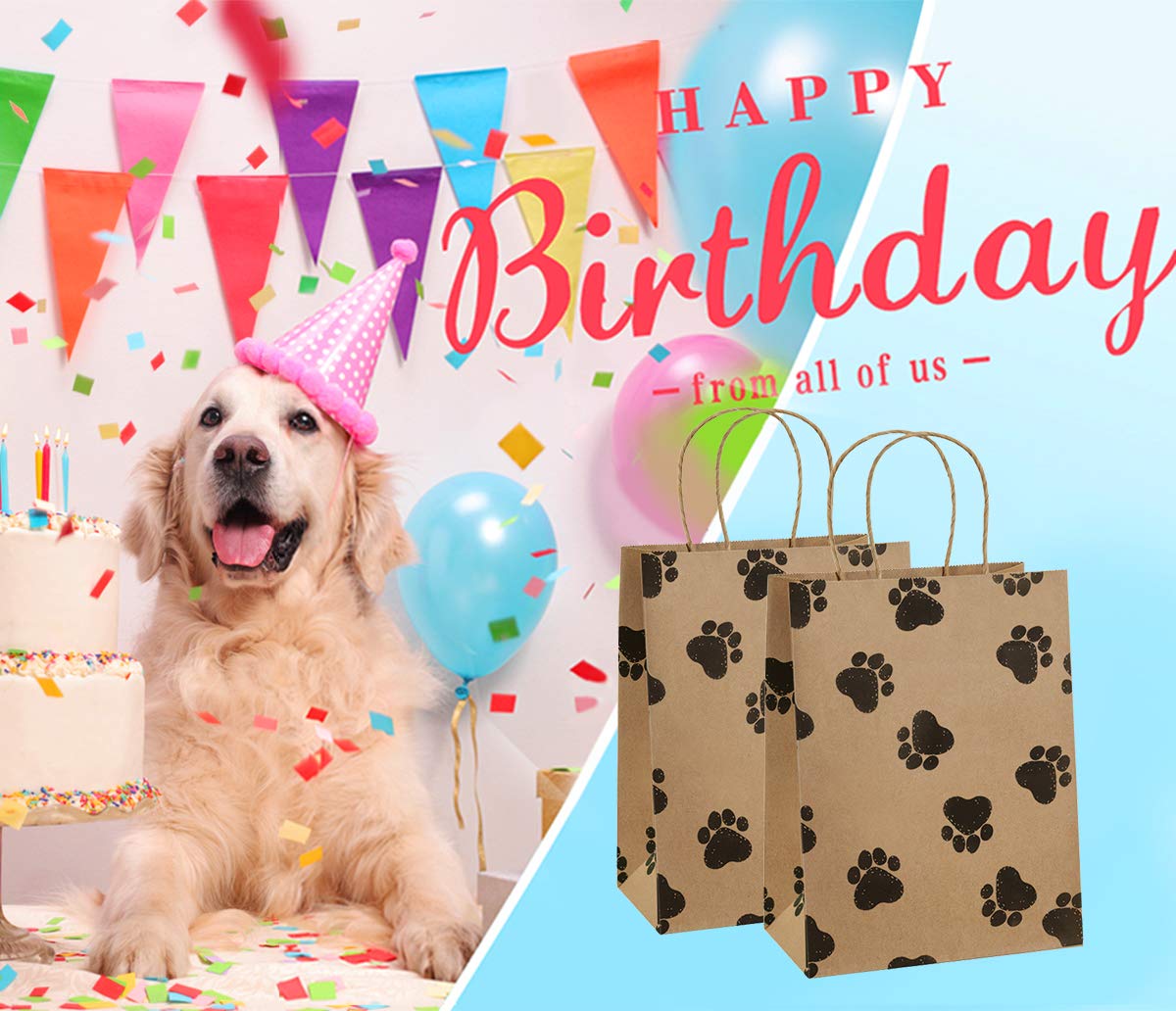 BagDream Brown Gift Bags 8x4.25x10.5 25Pcs Kraft Paper Gift Bags with Handles, Paw Prints Paper Sacks for Animal Party Favor, Retail, Grocery, Dog's Puppy's Paw