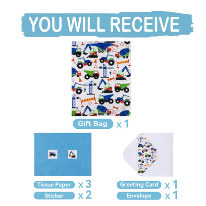 16.5" Extra Large Vehicle-themed Gift Bags Set with Greeting Card and Tissue Paper (Blue Car Design) for Boys, Kids Birthday Party, Baby boy, Baby Shower, Newborn, New Moms or Parents -10.2”x5.2”x13”,