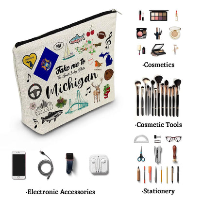 Take Me To Michigan Makeup Bag Michigan Travel Gift Small Canvas Organizer Bag with Zipper Cosmetic Bag Travel Present for Women Friends Families