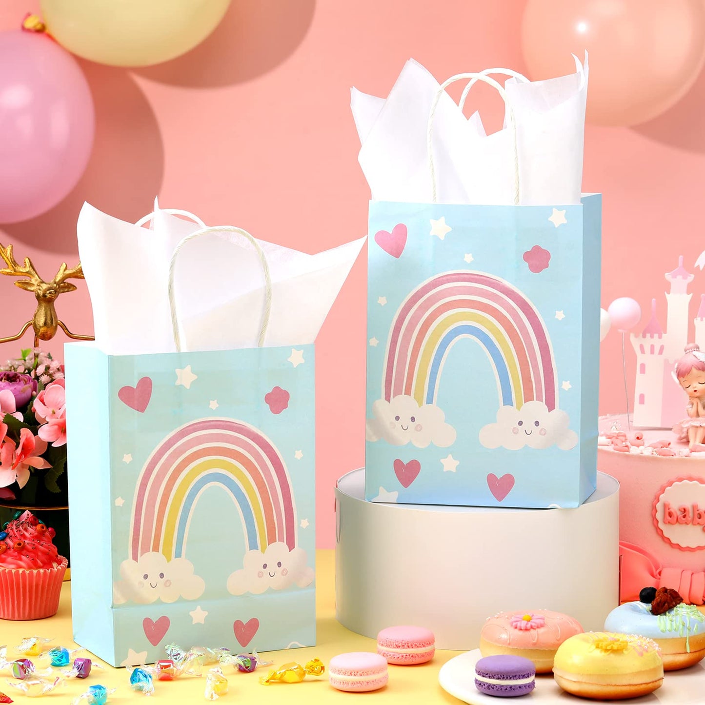 Sinmoe 24 Pcs Rainbow Gift Bags with 24 Pcs White Tissues Paper Rainbow Party Favor Small Bags with Handles for Kids Birthday Baby Shower Weddings Graduation 8.27 x 5.91 x 3.15 Inch