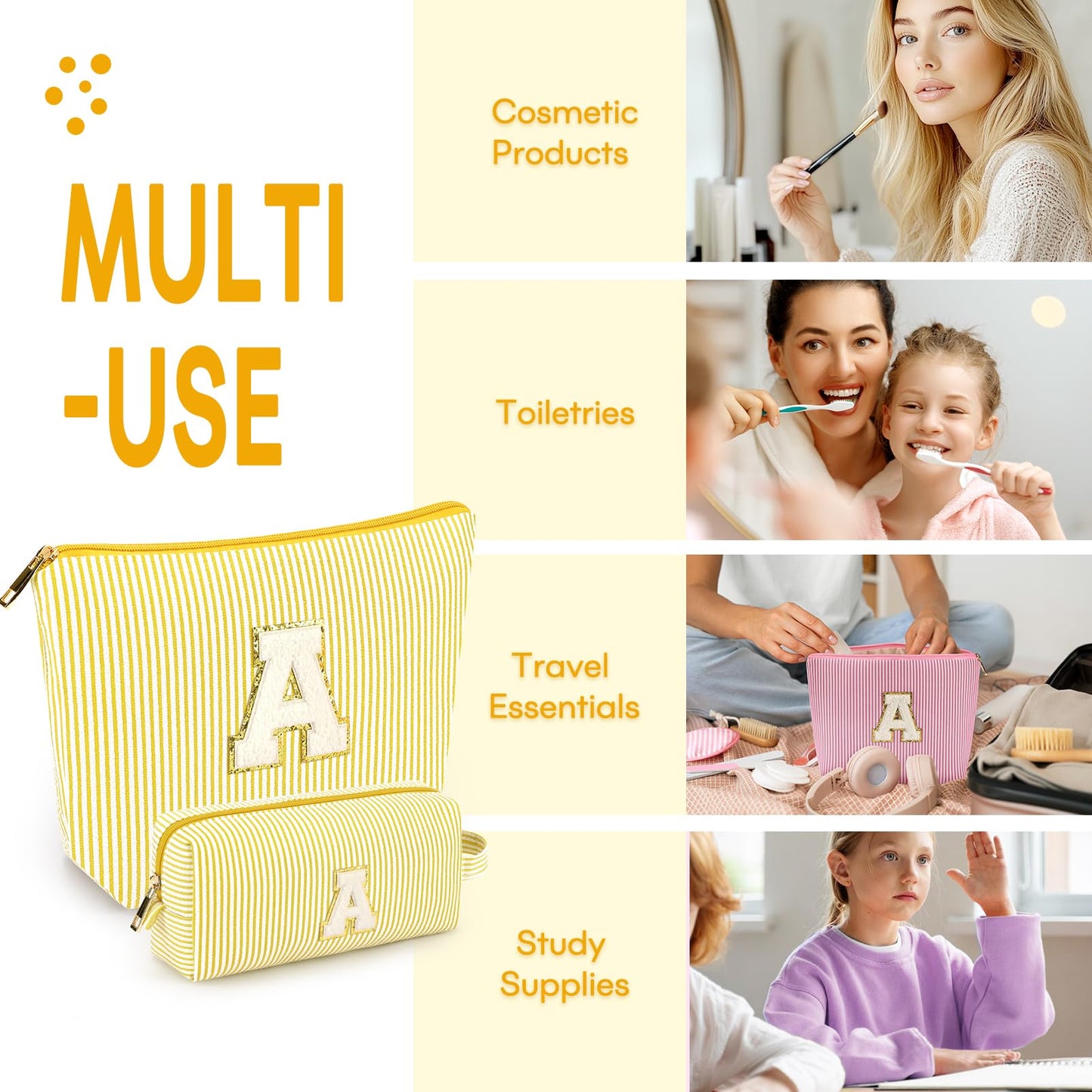 mibasies 2 PCS Initial Makeup Bags: Mothers Day Gifts for Women - Best Friend Birthday Gifts Graduation Gifts Wedding Bridesmaid Girlfriend Wife Daughter Sister Girl Gifts - Yellow M