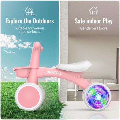 Umatoll Colorful Lighting Baby Balance Bike Toys for 1 Year Old Girl Gifts, Adjustable Seat, First Birthday Gifts, 12-24 Months Toddler Bike, New Pink