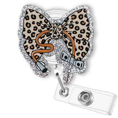 Leopard Bow Phlebotomy Nurse Badge Reel Retractable, Funny Phlebotomist Badge Reel for Work, Personalized Phlebotomy Tech Gifts, Cute Phleb Badge Holder with Alligator Clip & 24” Durable Nylon Cord