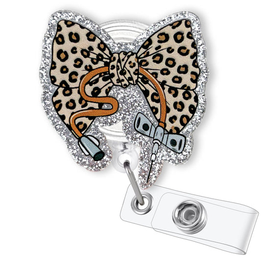 Leopard Bow Phlebotomy Nurse Badge Reel Retractable, Funny Phlebotomist Badge Reel for Work, Personalized Phlebotomy Tech Gifts, Cute Phleb Badge Holder with Alligator Clip & 24” Durable Nylon Cord