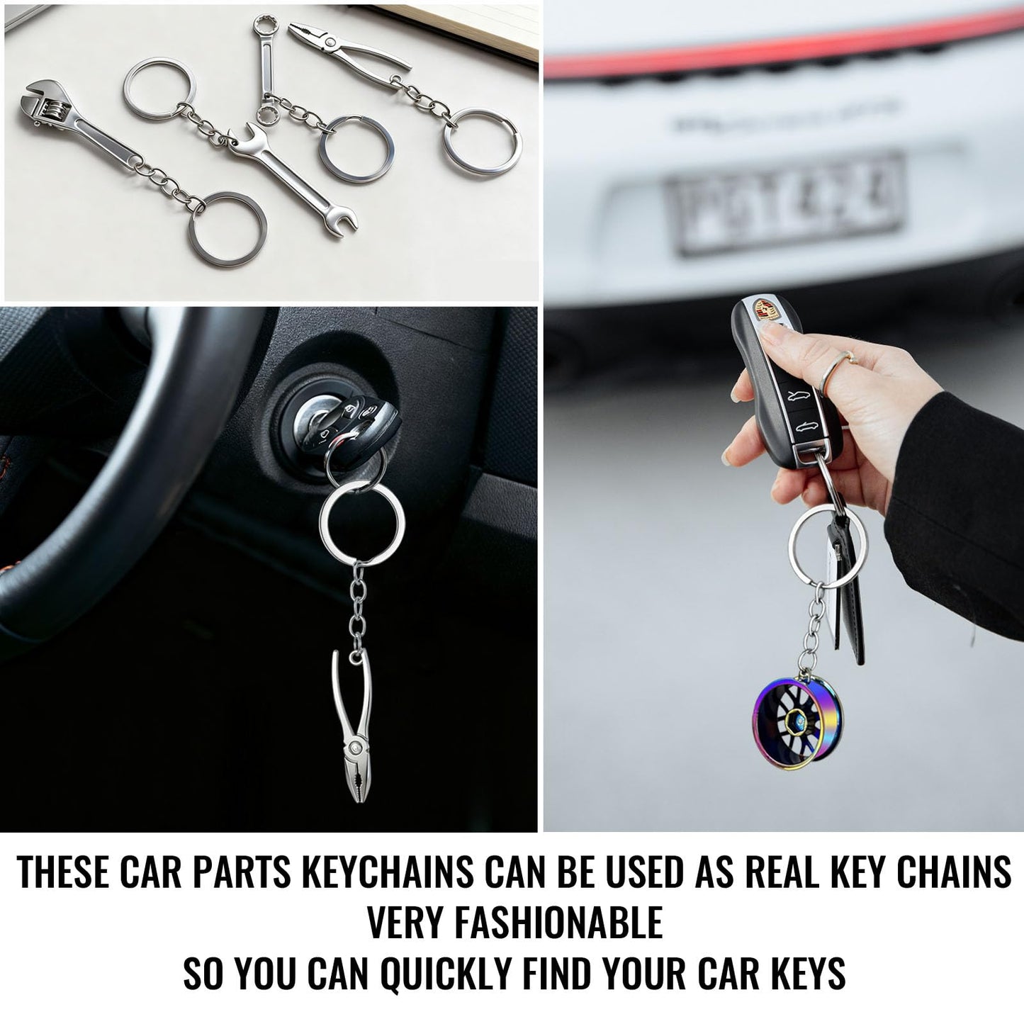 9 Pcs Metal Car Parts Keychains - Turbo, Gear Shifter, Wheel Rim, Spanner, Brake Disc, Wrench, Tongs | Cool Fun Novelty Gift for Car Guys | Men's Automotive Accessories Keyrings for Keys