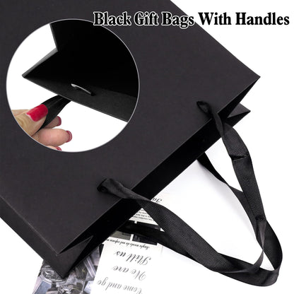 Assorted Sizes Black Gift Bags with Ribbon Handles Kraft Paper Shopping Bags with Tissue Paper for Party Business Wedding Birthday Graduation Fathers Day (Black 6, 9 , 12.6 Inches, 6 Inches, 9 Inches, 12.6 Inches)