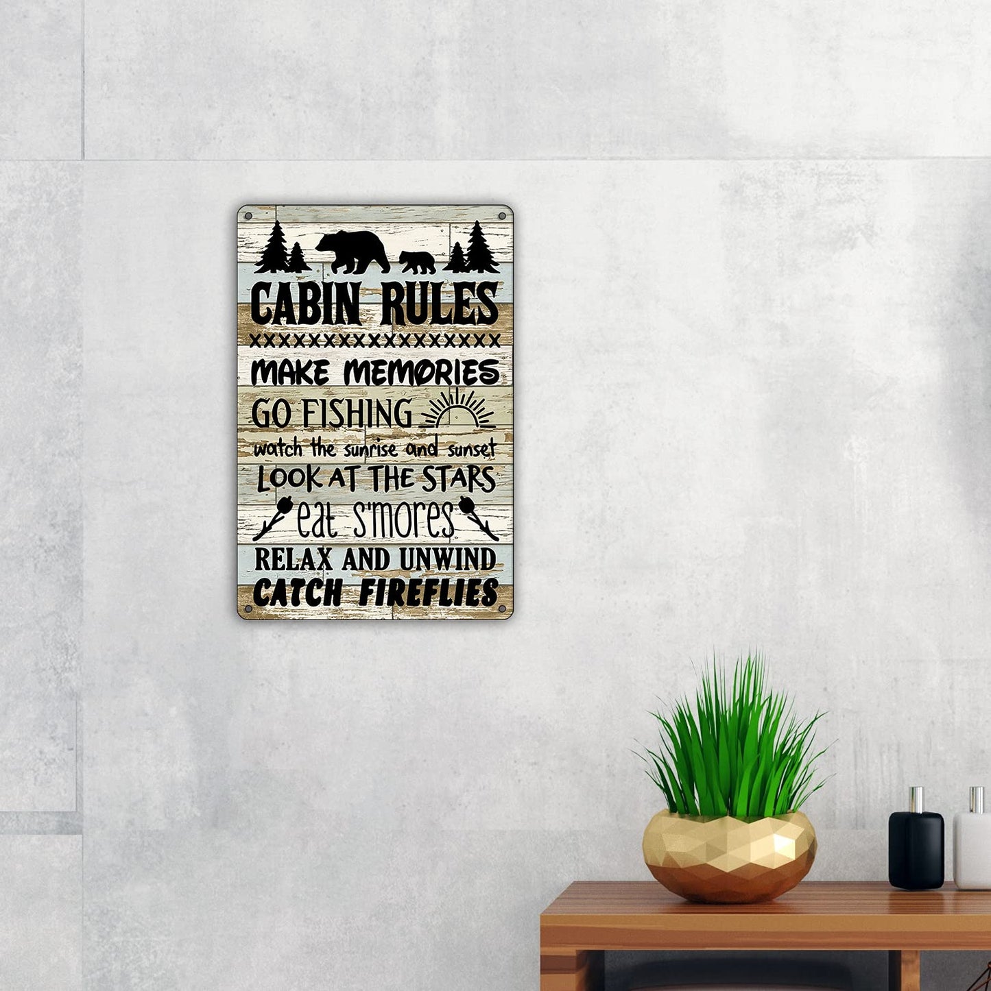 QIONGQI Funny Cabin Rules Metal Tin Sign Wall Art Decor, Farmhouse Wooden Style Cabin Sign for Home Decor Gifts