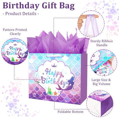 CIEHER Birthday Gift Bags for Girls with Mermaid Greeting Card and Purple Tissue Papers for Birthday Gifts - Mermaid Pattern