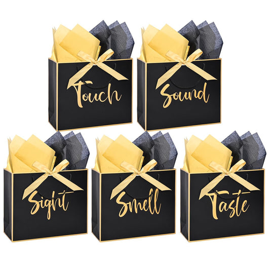 Large 5 Senses Gift Bags for Him Her, Gold Foil Sight Smell Touch Taste Sound Gift Bags,Five Senses Gift Bag for Him with Handles and Tissue Paper for Birthday, Mothers Day, Anniversary, Christmas12 x 10 x 4 Inch (Black)