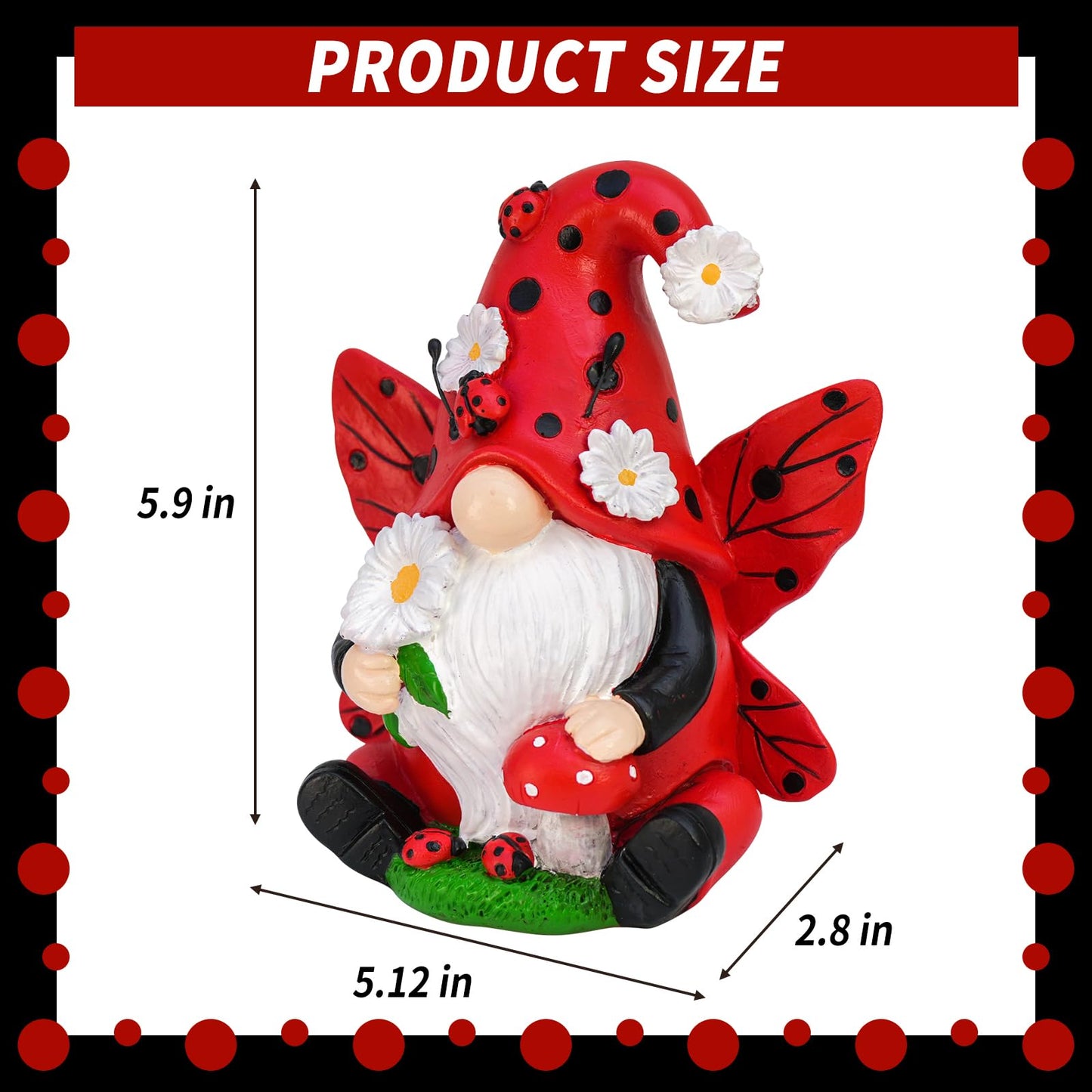 Ladybug Gnome Garden Decor, Fairy Gnome Figurine with Flowers, Spring Summer Outdoor Garden Decorations for Yard Lawn Patio, Garden Gifts for Women
