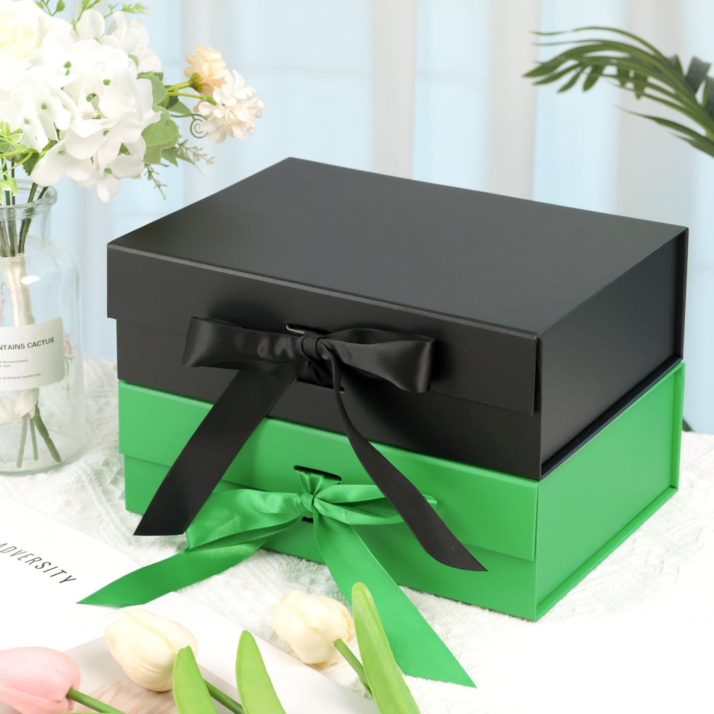 Shindel Luxury Gift Box with Lid - 10.5" x 7.5" x 3.1", Green, Magnetic, Bridesmaid Box with Ribbon and Greeting Card