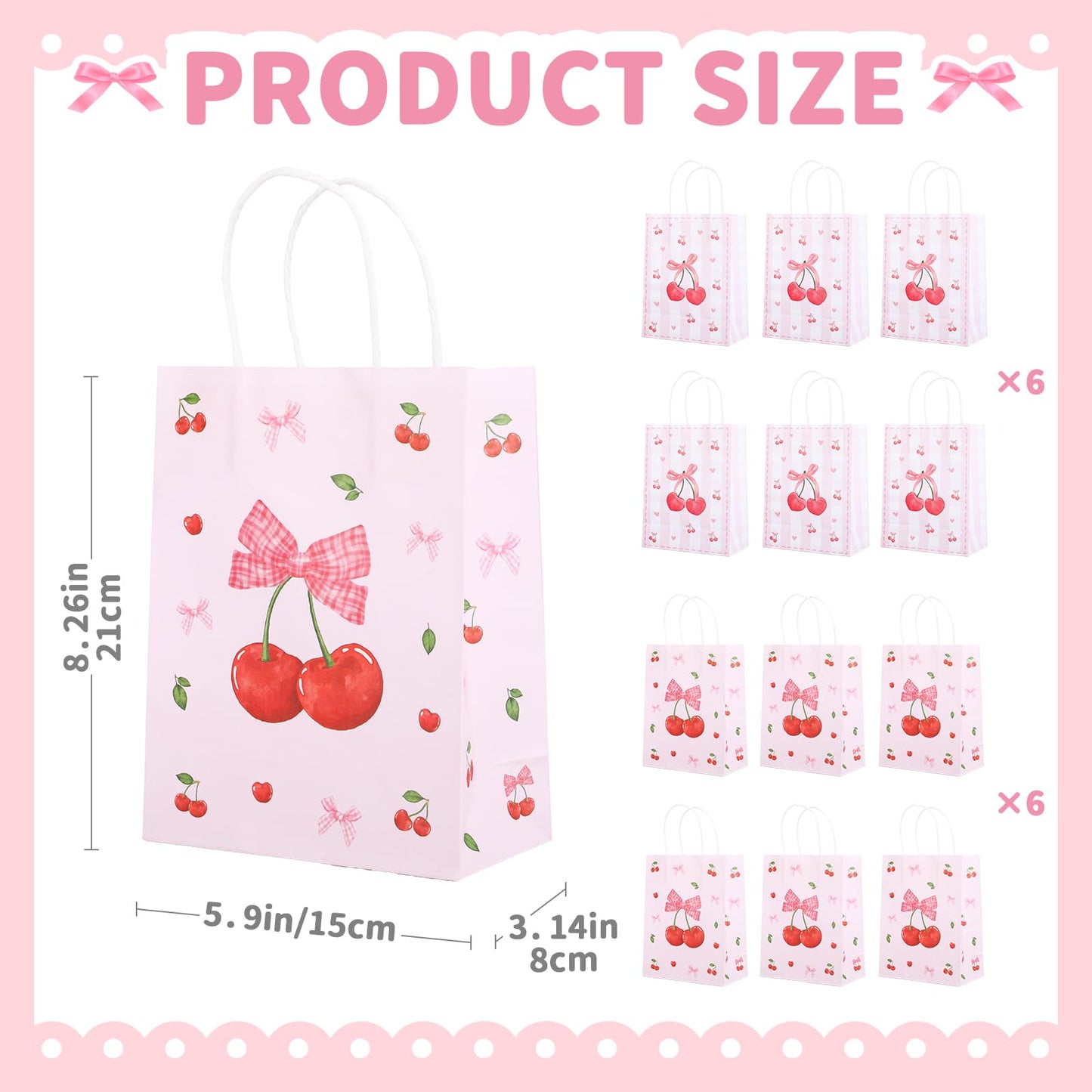 12pcs Pink Bow Gifts Bag for Women Party Favor Pouch Cherry Themed, Coquette Bow Goodie Paper Pocket with Handles, Wedding Gifts Bag Bridal Shower Birthday Party Decoration Supplies Baby Shower