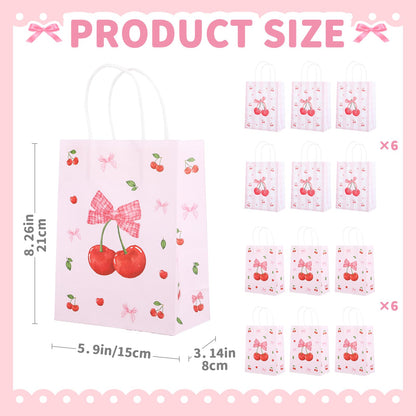 12pcs Pink Bow Gifts Bag for Women Party Favor Pouch Cherry Themed, Coquette Bow Goodie Paper Pocket with Handles, Wedding Gifts Bag Bridal Shower Birthday Party Decoration Supplies Baby Shower