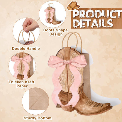 Sinload 12 Western Gift Bags Cowgirl Cowboy Boots Paper Bags with Pink Bow Handles Candy Goodie Treat Grocery Shopping for Cowgirl Party Supplies Birthday Western Party Favors (Brown Style)