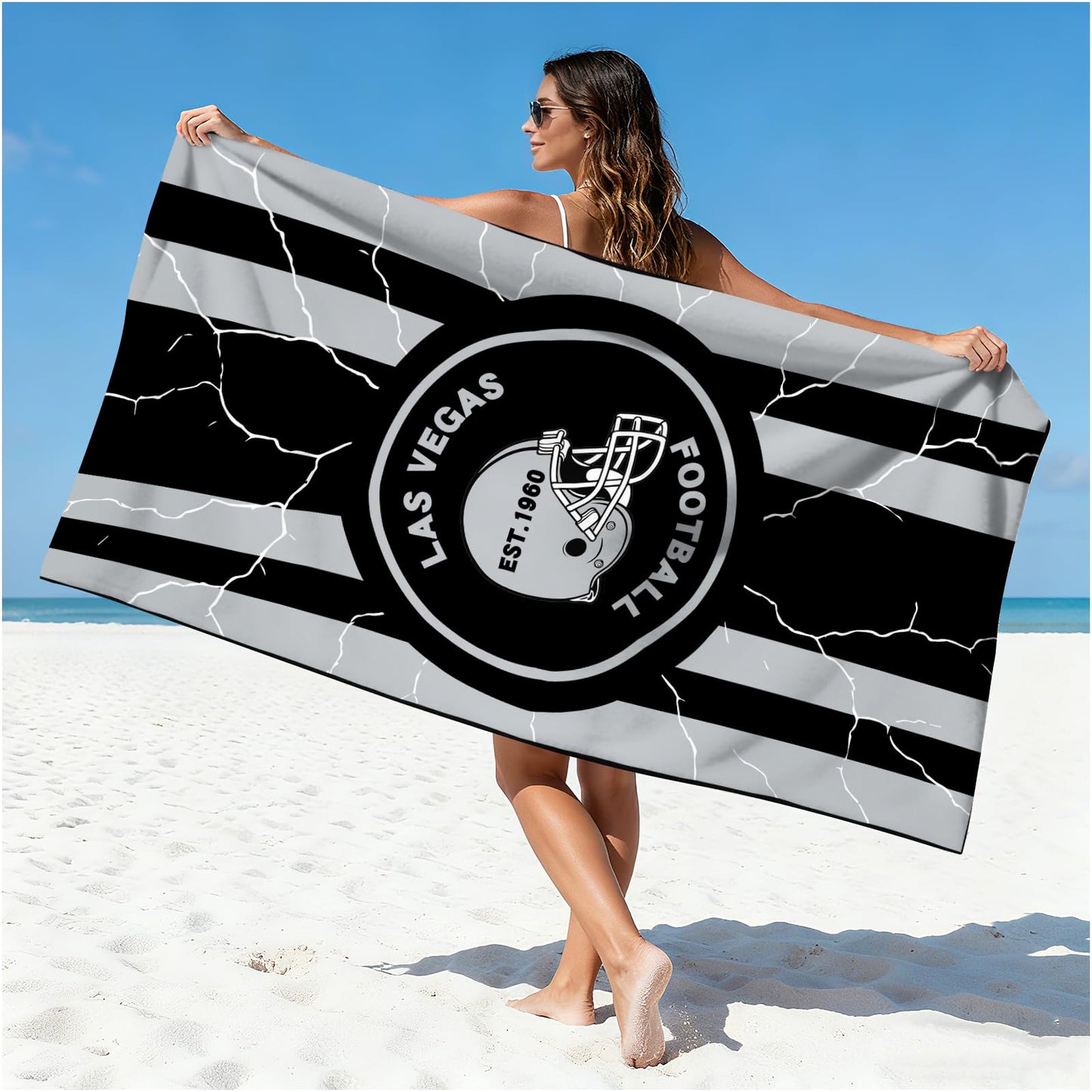 Football Fan Thin Lightweight Microfiber Beach Towel Las Vegas City Themed Large Absorbent Oversized Towels Men Women Stuff Raiders Team Dad Husband Guy Him Birthday Anniversary Cool Useful Nice Gift