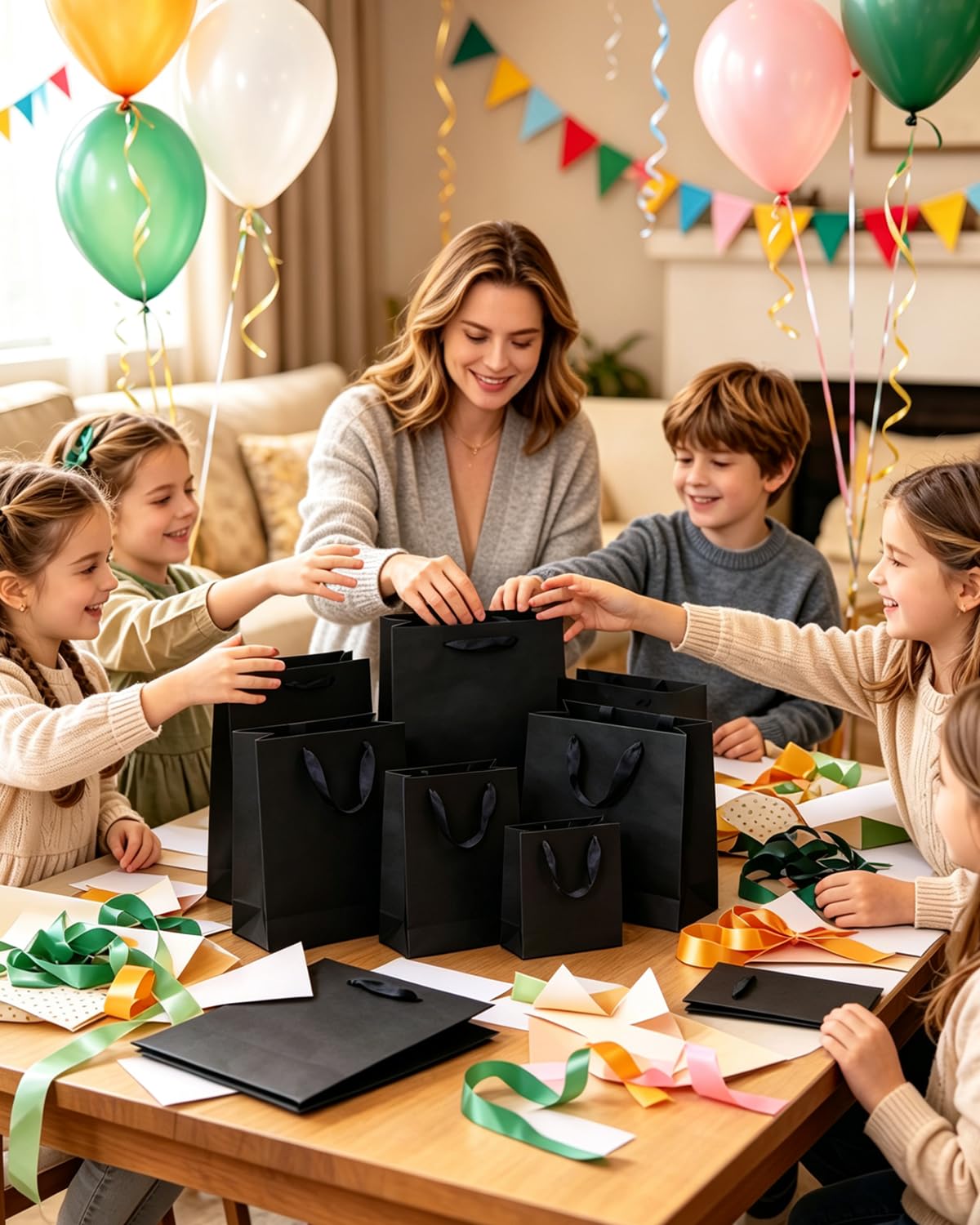 qiqee Black Gift Bags with Tissue Paper Mulit Assorted Sizes 10PCS Present Party Favor Birthday Bags(2pcs Large 13", 4pcs Medium 9", 4pcs Small 6" Bags,Tissue Paper)