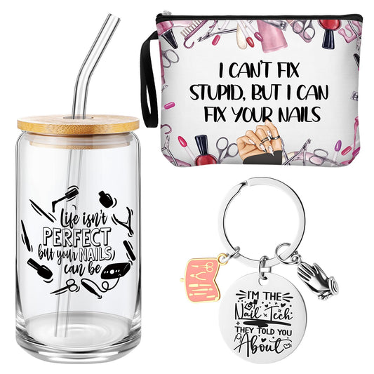 Shinylin 3 Pcs Nail Tech Gifts Set for Women 1 Glass Tumbler with Lids and Straw 1 Travel Makeup Bag 1 Novelty Keychain Manicurist Gifts for Birthday Graduation