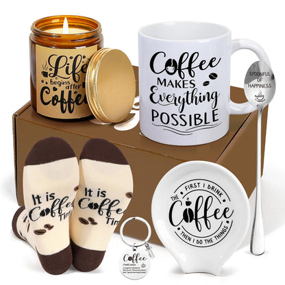 iAOVUEBY Coffee Gifts, 6PCS Coffee Gift Basket, Coffee Lover Gift Set Includes Coffee Mug Spoon Rest Holder Coffee Socks Keychain, Birthday Christmas Gift for Women Men Coffee Lover Friends