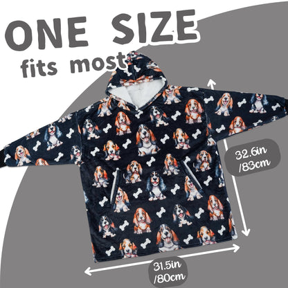 Huglanket Basset Hound Gifts for Women, Wearable Flannel Blanket Hoodies, Super Soft Warm Cozy with Big Pockets - One Size Fits Most