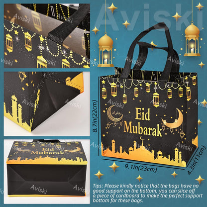 Aviski 4PCS Eid Mubarak Reusable Gift Bags, Treat Bags with Handles, Eid Mubarak Party Bags, Multifunctional Non-Woven Eid Bags for Gifts Wrapping, Party Supplies