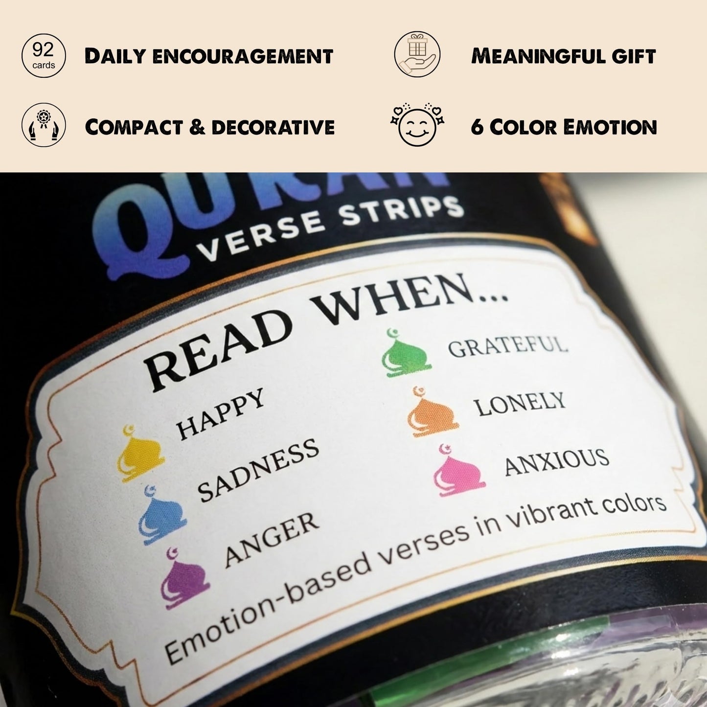 Quran Verses Jar – 92 Inspirational Islamic Quotes for Reflection & Gratitude | Ramadan Gift, Muslim Gift for Women & Men, Prayer Jar, Faith-Based Decor, Eid & Daily Affirmations