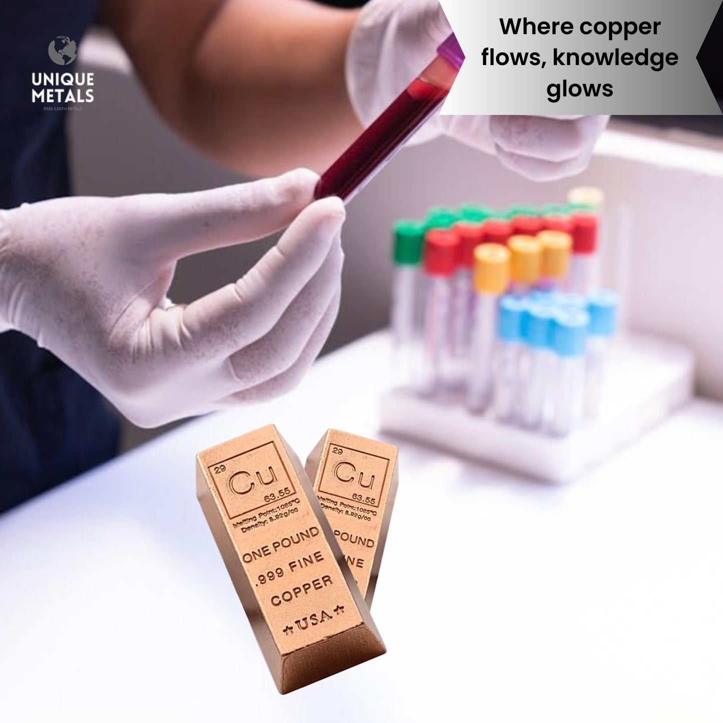 1 Pound Copper Bar Ingot Paperweight - .999 Pure Copper Bar Bullion Chemistry Element Design with Certificate of Authenticity by Unique Metals