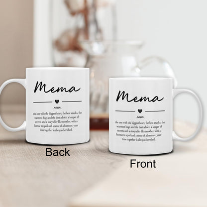 QASHWEY Mema Gifts Coffee Mug, Gifts for Memas Grandma from Grandkids Grandchildren, Grandma Coffee Mug, Mothers Day Mugs Tea Cup Gift for GrandmaMema, Mema Definition CoffeeCup Ceramic 11oz